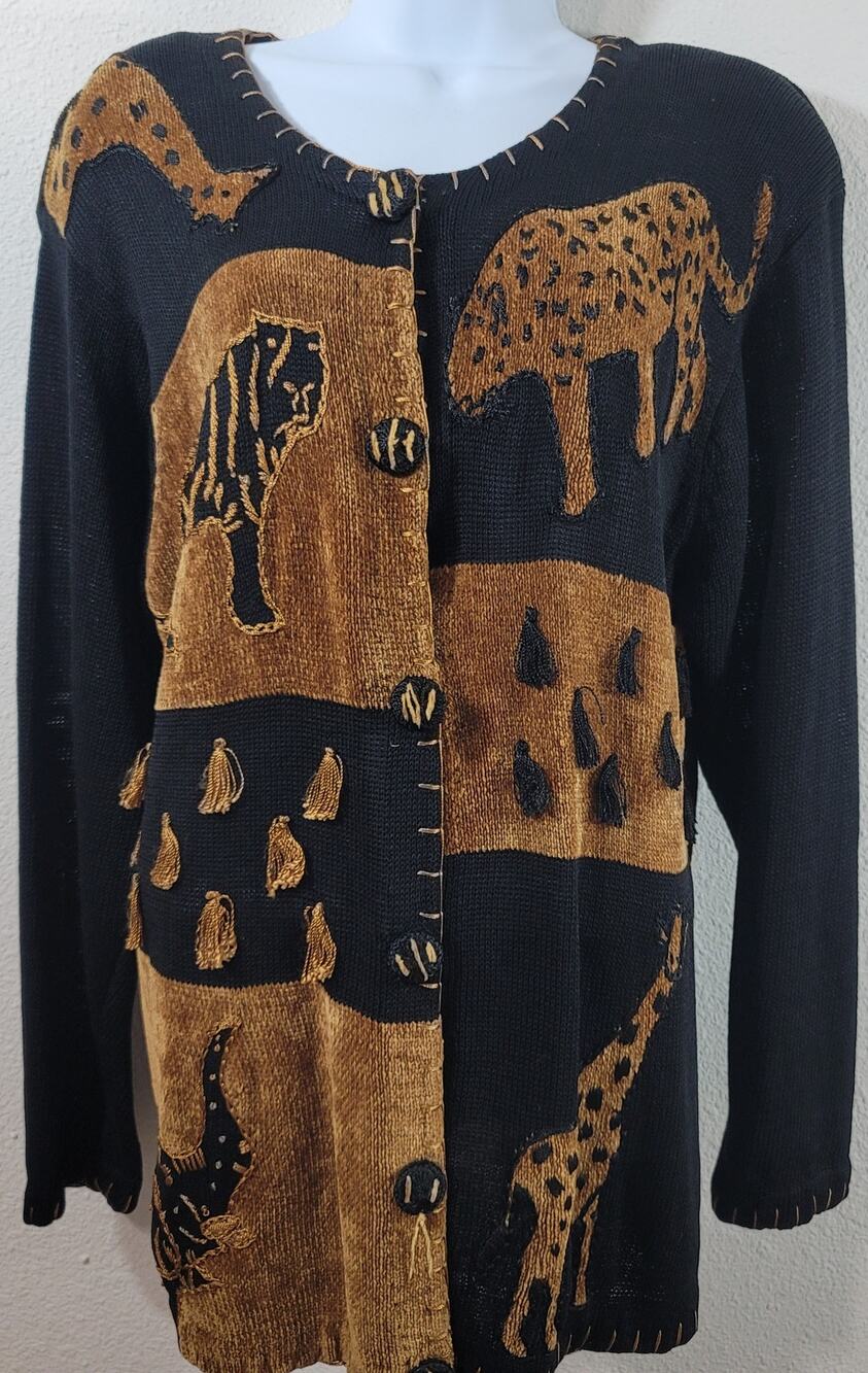 VTG Lisa International Black Gold Safari Animal Print Sweater Medium Button Up
